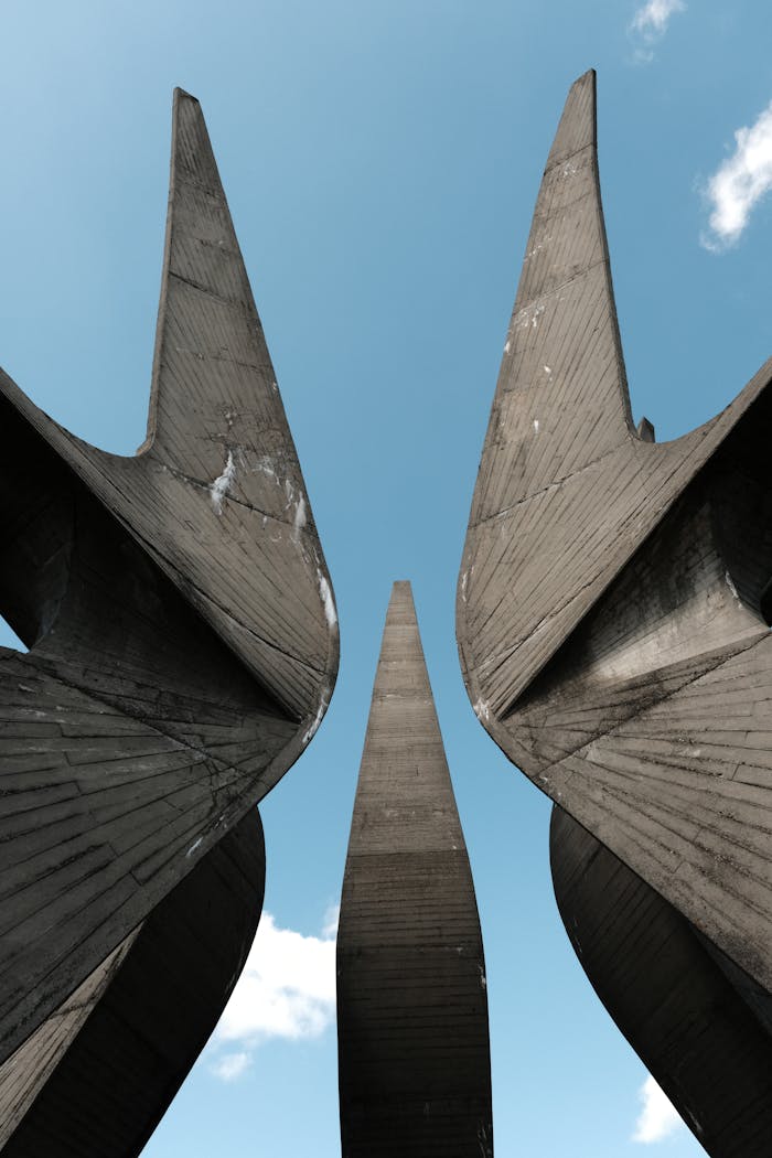 Concrete sculpture reaching into the sky at Kosmaj Memorial Complex, Serbia.